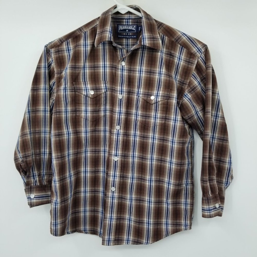 Panhandle Slim‎ Fit Brown and Blue Plaid Pearl Snap Boy's Size Medium